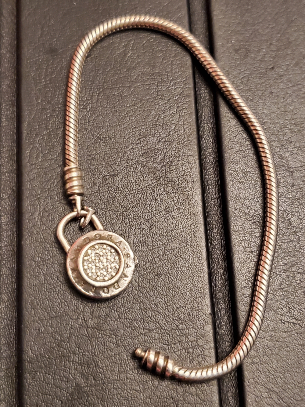 Pandora Sterling Silver Pavé Lock Charm Snake Chain Bracelet BROKEN